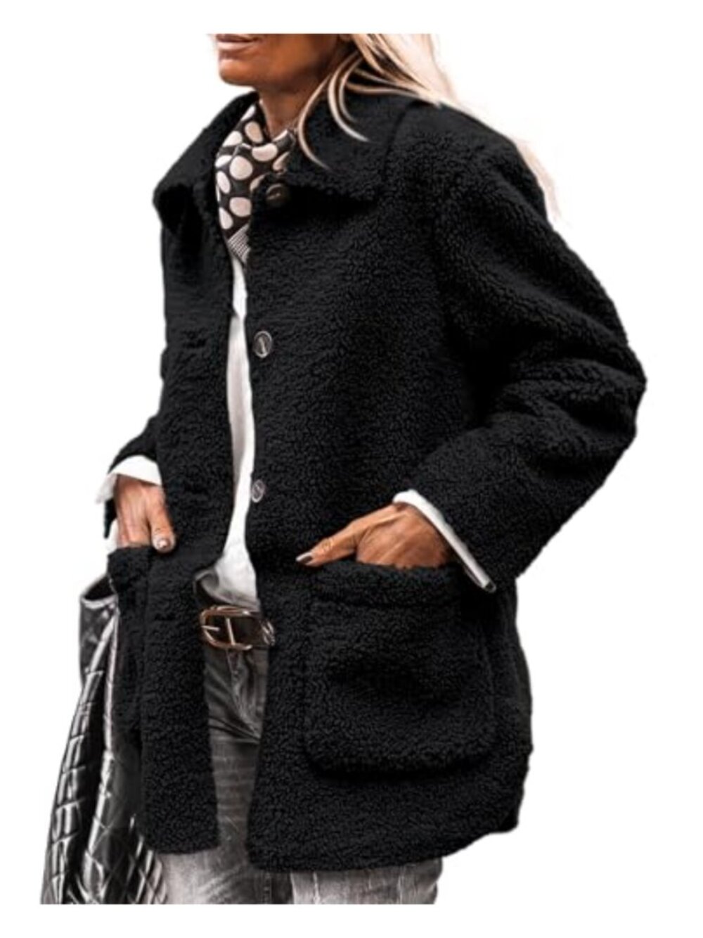 Faux Fur Sherpa Fleece Coat Button Down Lapel Collar Winter Outerwear